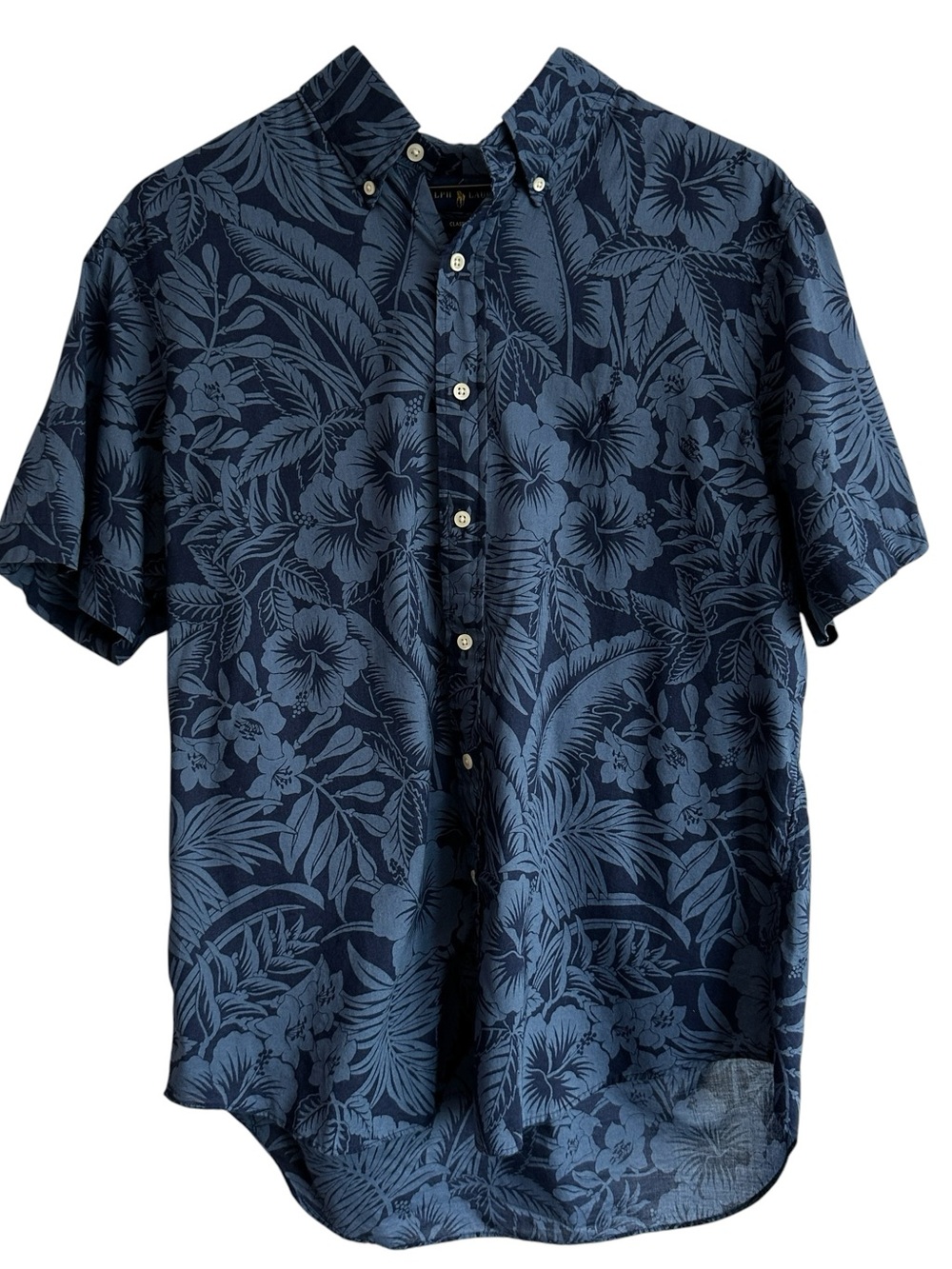 Ralph Lauren Mens Shirt Blue Large Floral Button  Hawaiian Short Sleeve Classic